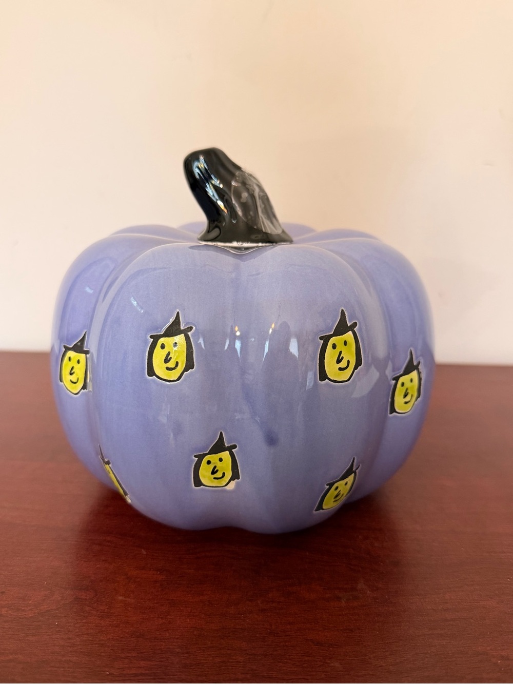 Purple Ceramic Halloween Pumpkin Witch Faces Holiday Decor 7" Centerpiece